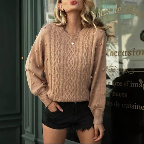 New Arrival! Tan Cable Knit Pom Pom Sweater Top - Picture 2 of 9